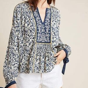 Anthropologie brand embroidered tie long sleeve blouse